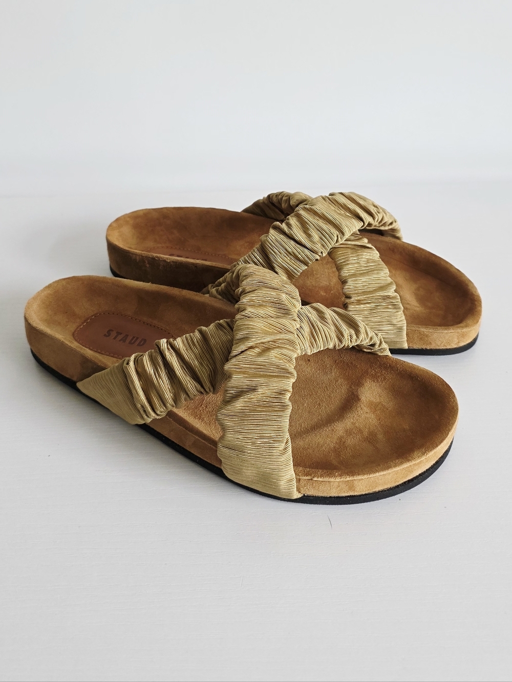 STAUD Ruched Crisscross Sandals in Tan/Beige
